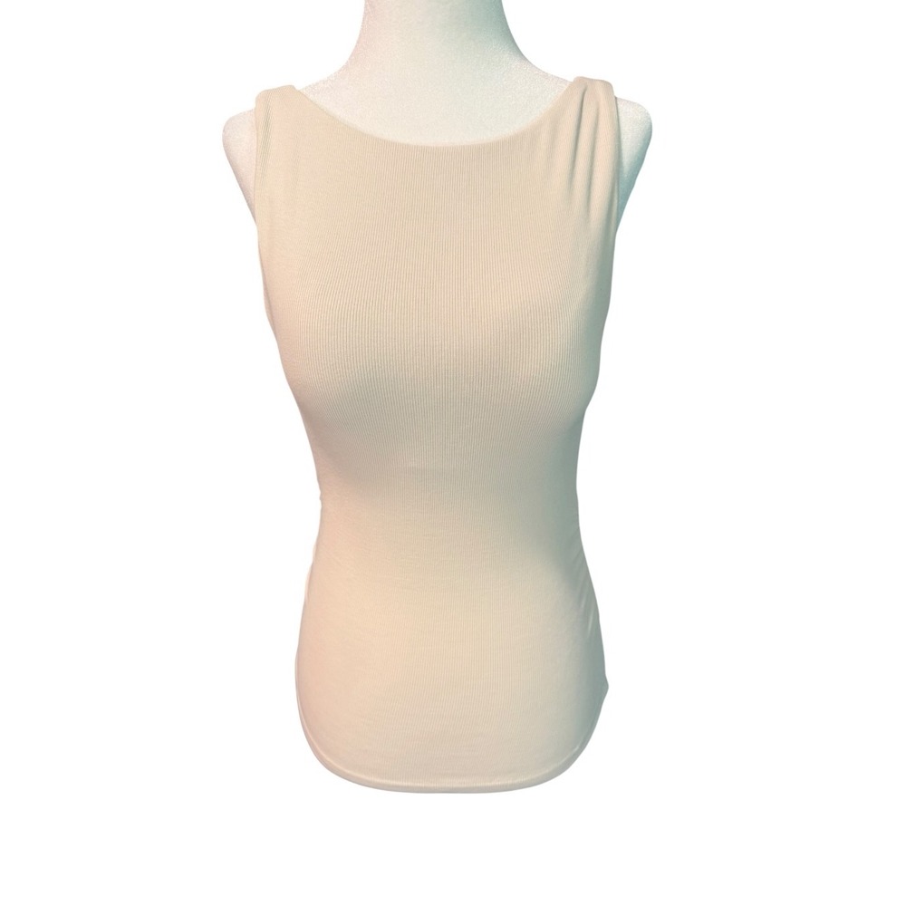 OGL Move Ribbed Tank Top Cream Beige Small Boat Neck Scoop Back Built-in Bra